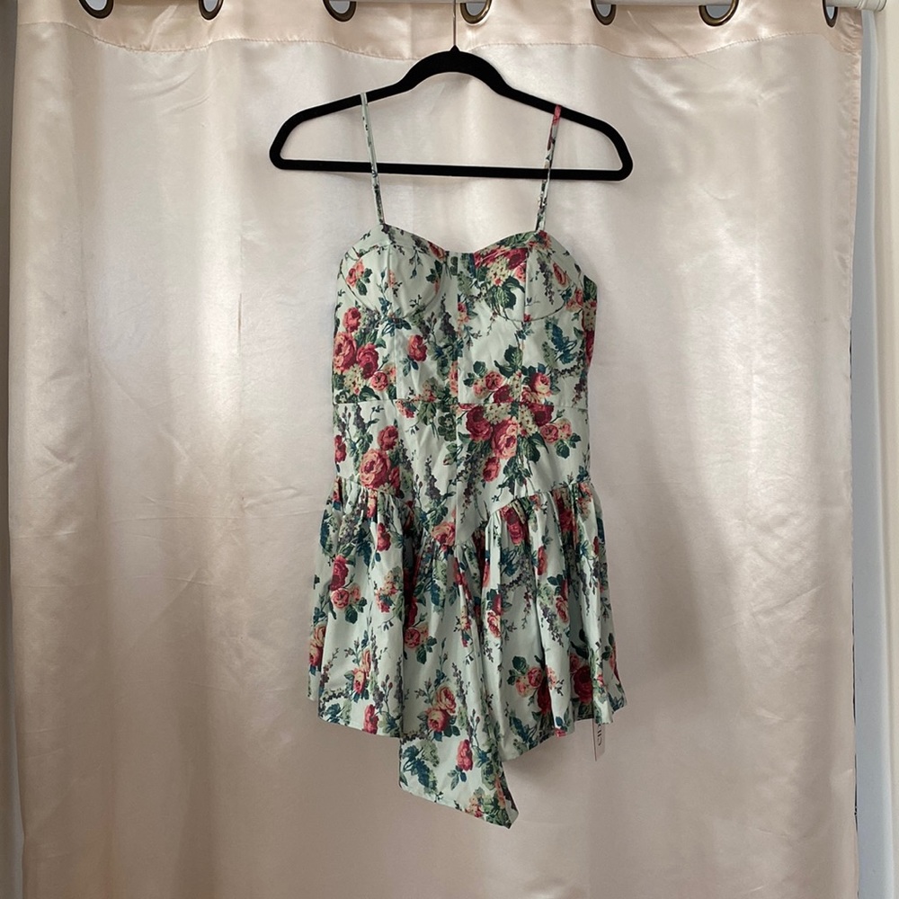 Cider Asymmetrical Hem Green Floral Dress